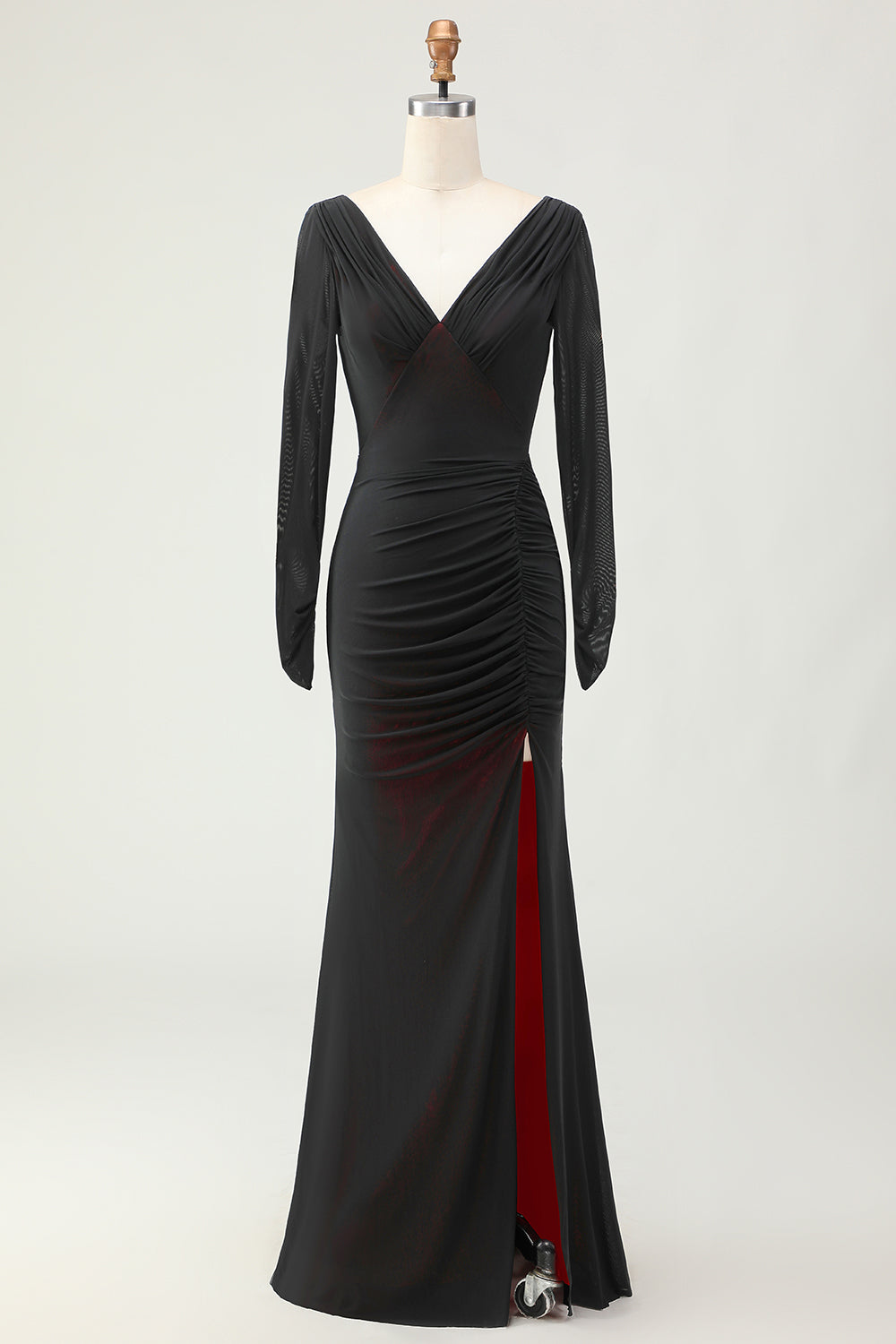 Black Red Mermaid V-Neck Long Sleeves Wedding Guest Dress with Slit