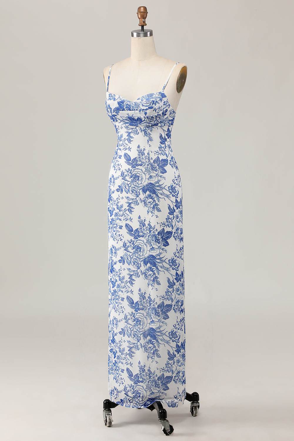 White and Blue Sheath Ruched Long Floral Wedding Guest Dress