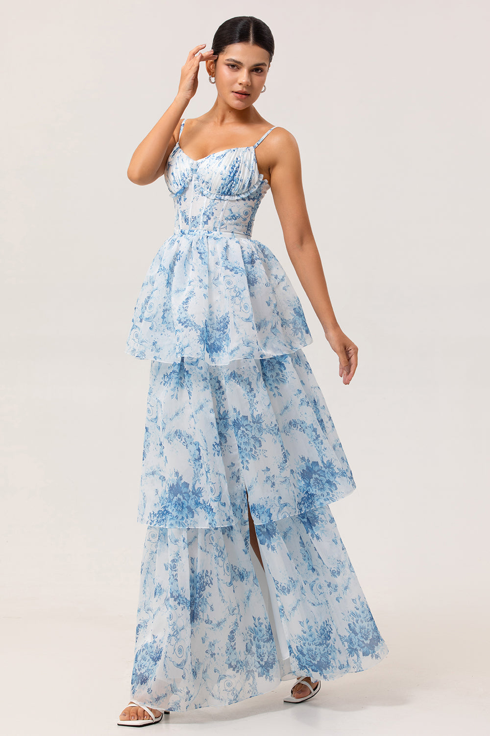 Floral White and Blue Ruffled Long Corset Wedding Guest Dress with Slit