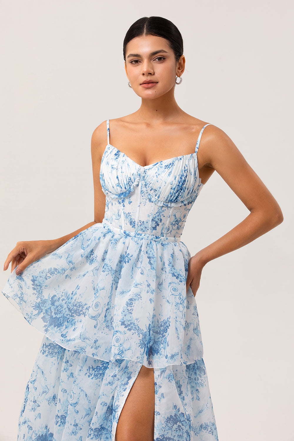 Floral White and Blue Ruffled Long Corset Wedding Guest Dress with Slit
