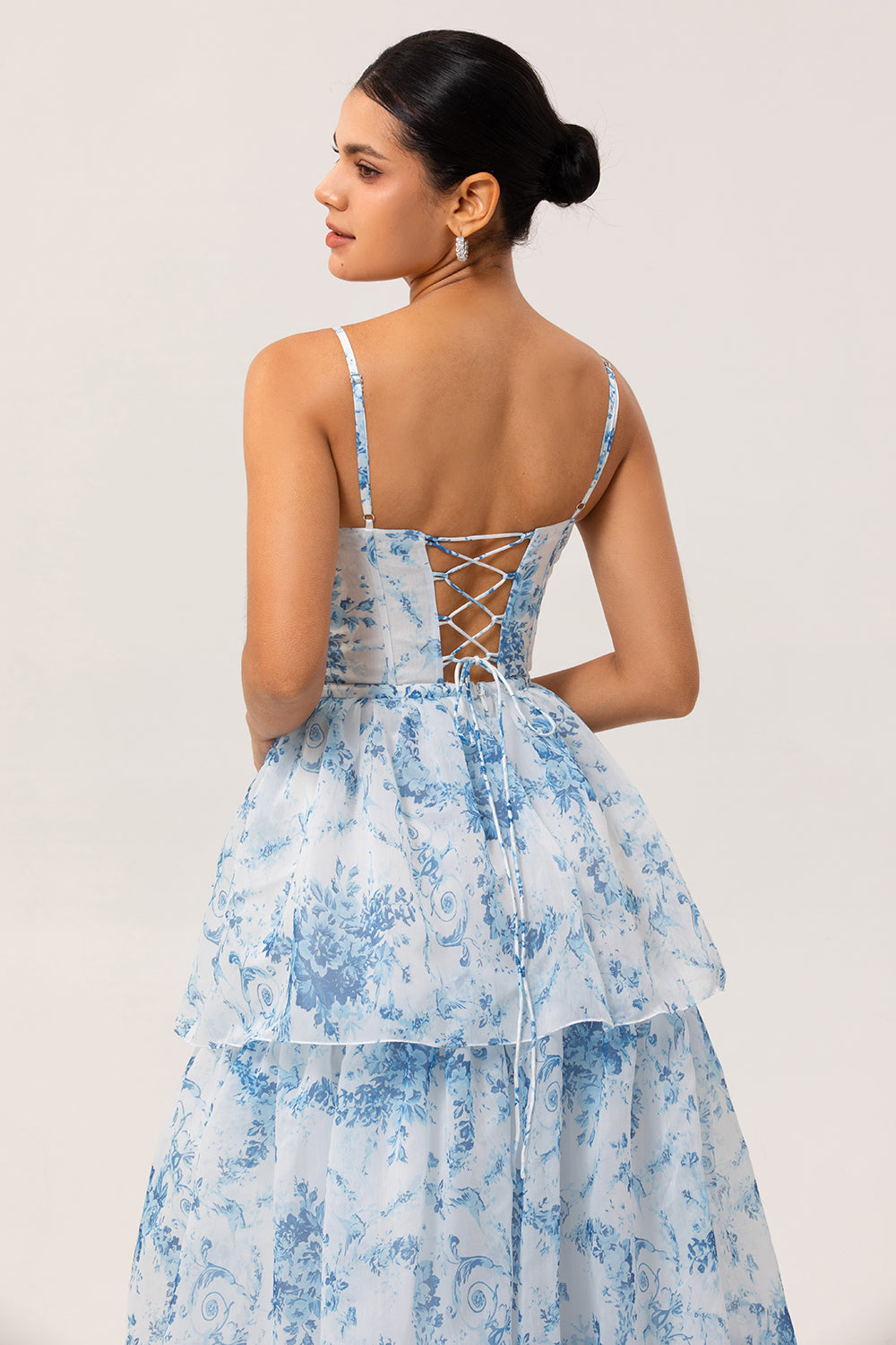 Floral White and Blue Ruffled Long Corset Wedding Guest Dress with Slit