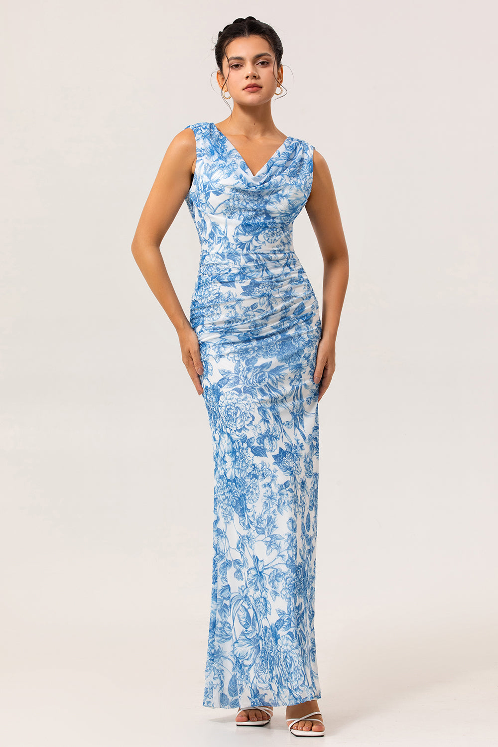 Floral Blue V-Neck Sheath Long Wedding Guest Dress with Slit
