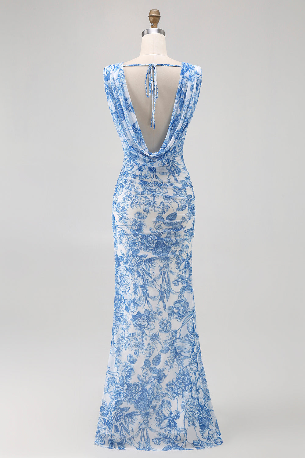 Floral Blue Mermaid Cowl Neck Long Wedding Guest Dress with Slit