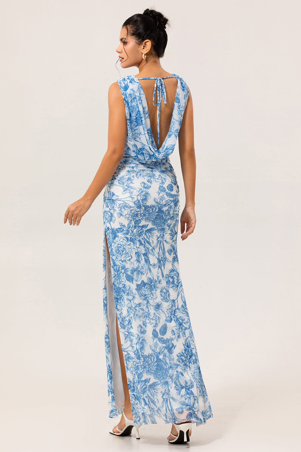 Floral Blue V-Neck Sheath Long Wedding Guest Dress with Slit