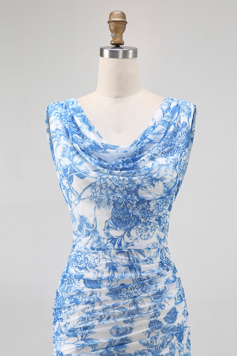Floral Blue Mermaid Cowl Neck Long Wedding Guest Dress with Slit