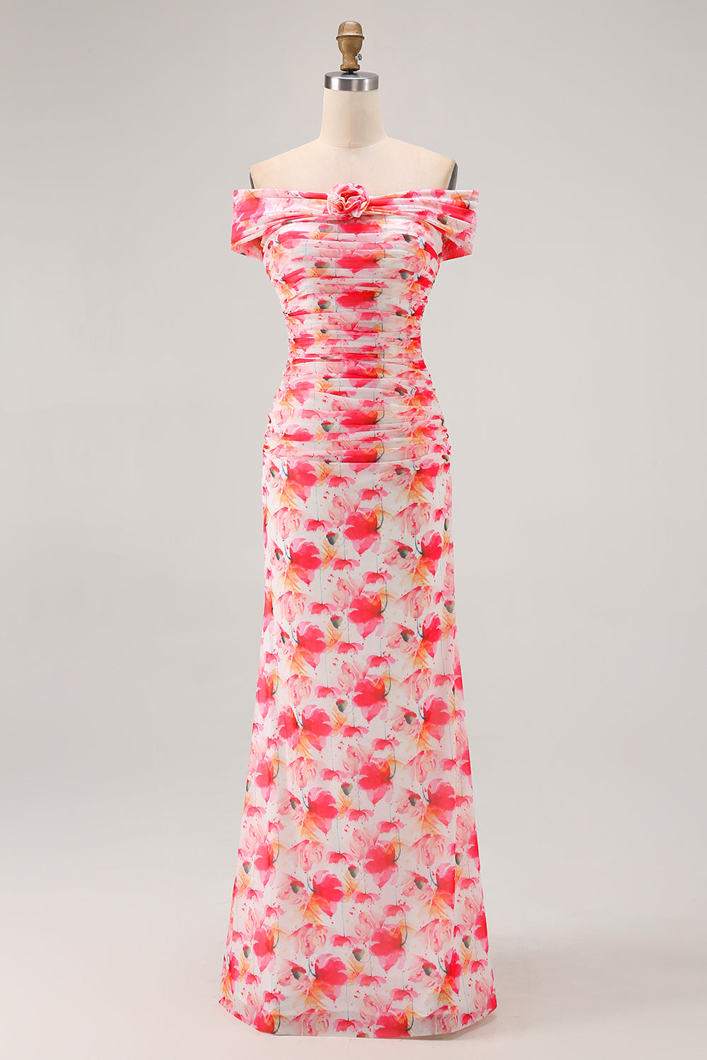 Pink Sheath Floral Print Off the Shoulder Long Wedding Guest Dress