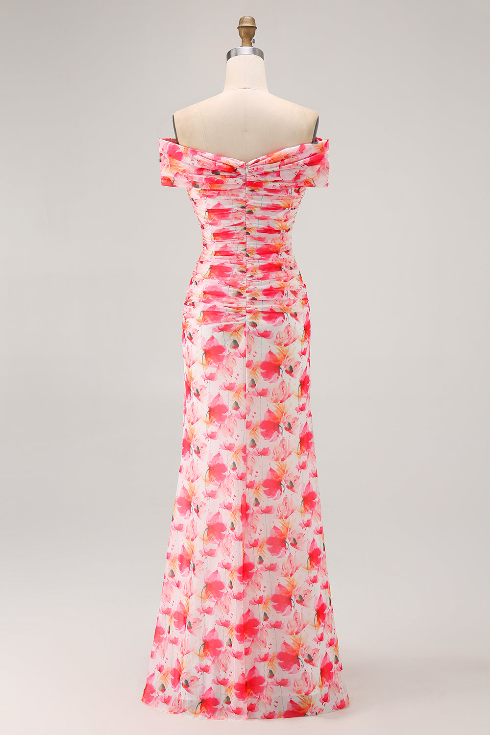 Pink Sheath Floral Print Off the Shoulder Long Wedding Guest Dress