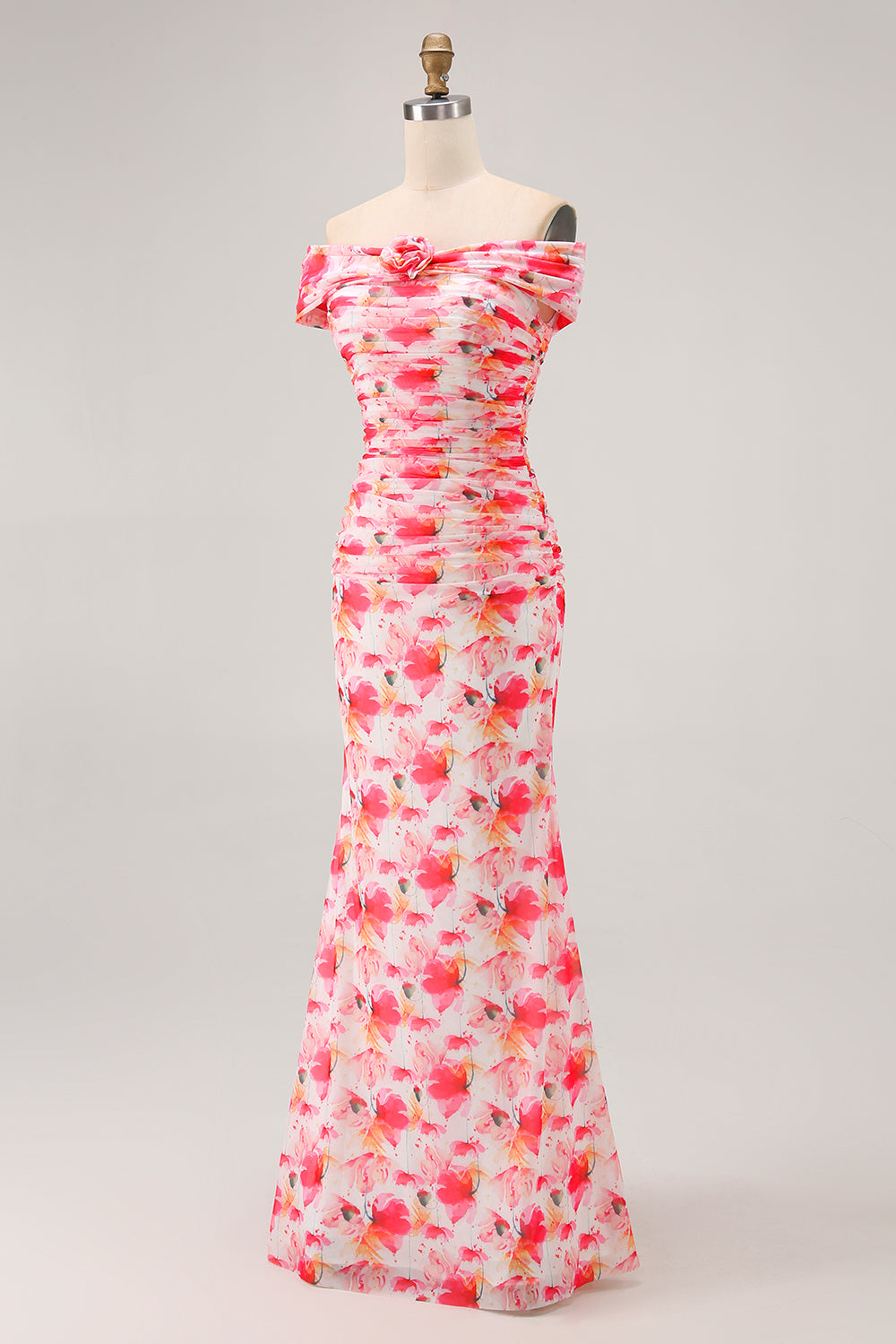 Pink Sheath Floral Print Off the Shoulder Long Wedding Guest Dress