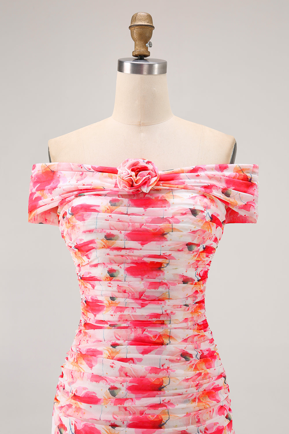 Pink Sheath Floral Print Off the Shoulder Long Wedding Guest Dress