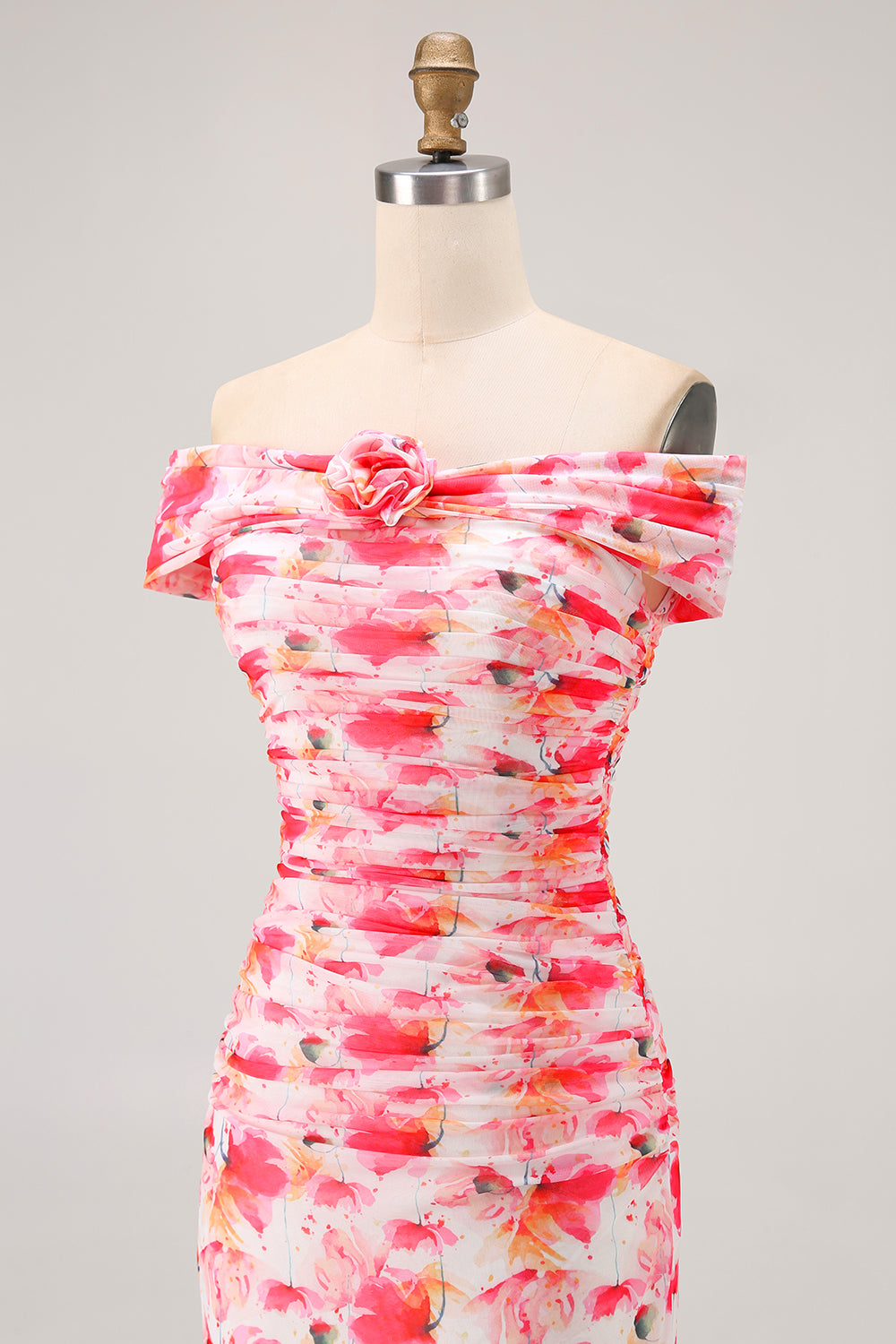 Pink Sheath Floral Print Off the Shoulder Long Wedding Guest Dress