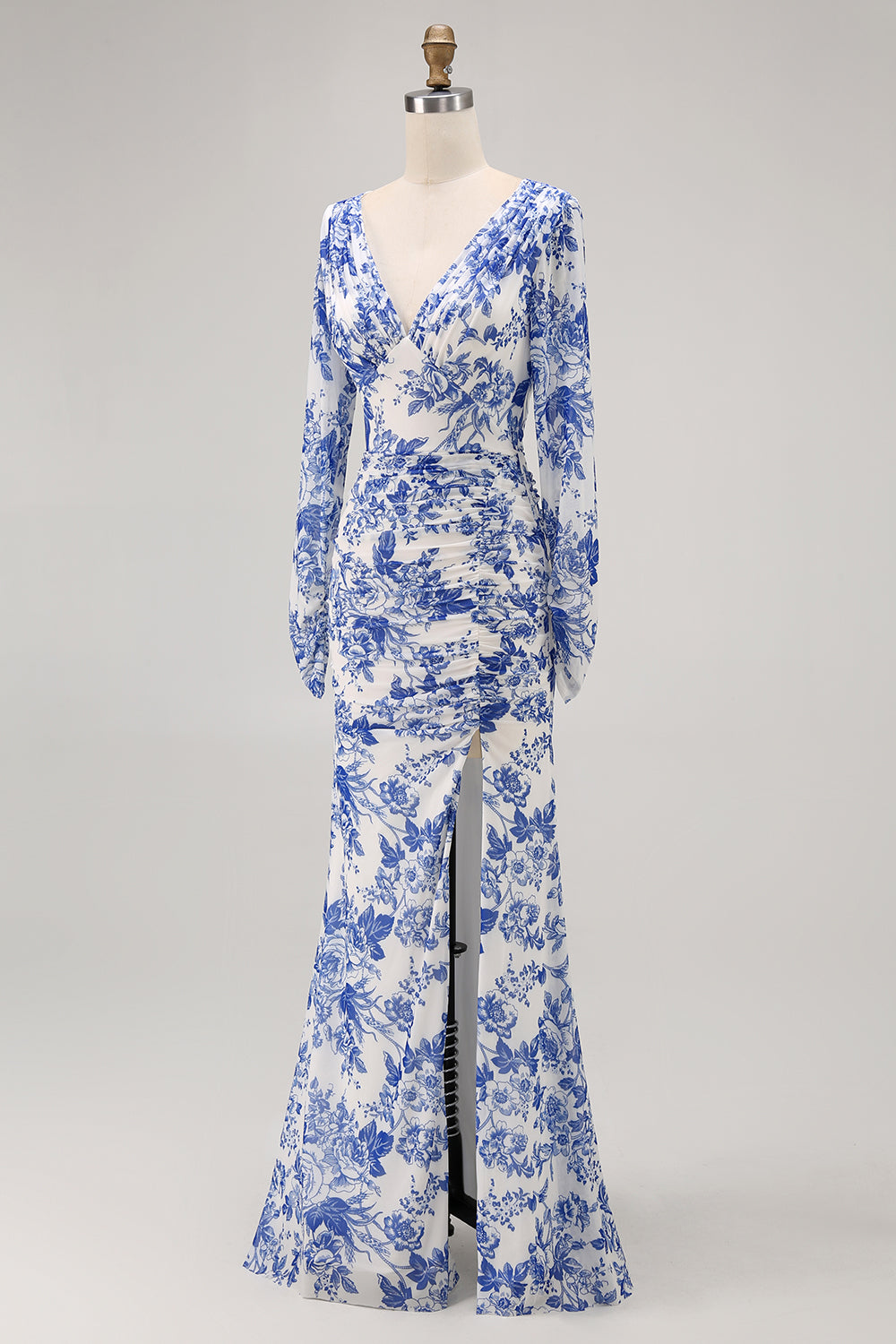 Floral Blue Sheath V-Neck Long Sleeves Wedding Guest Dress