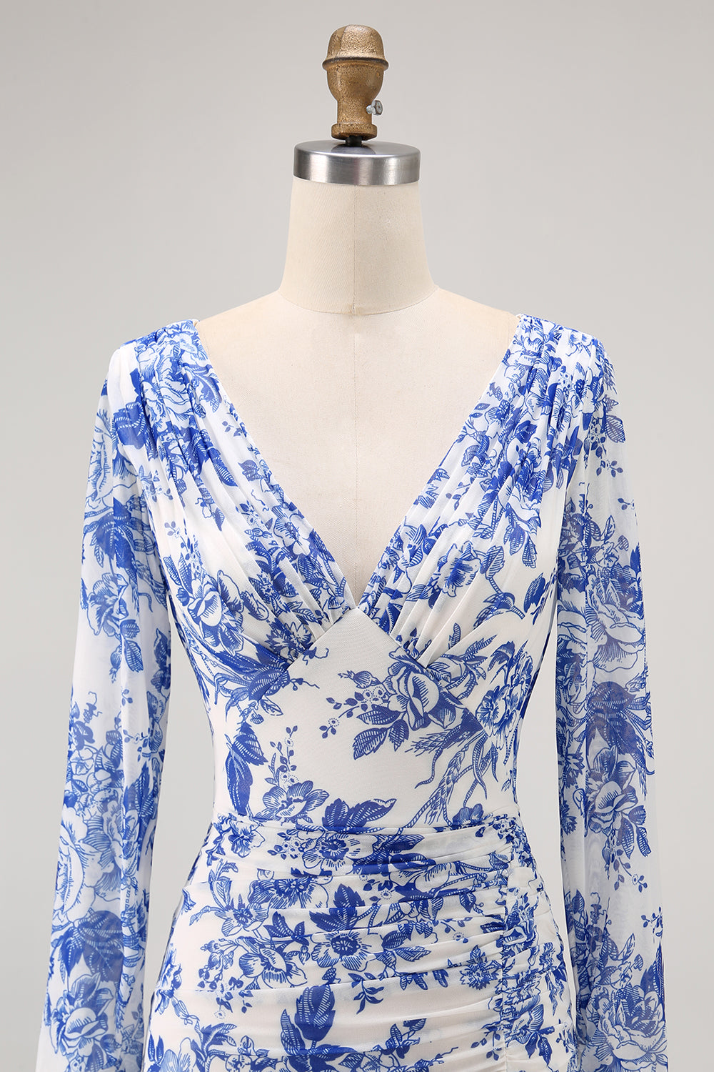 Floral Blue Sheath V-Neck Long Sleeves Wedding Guest Dress