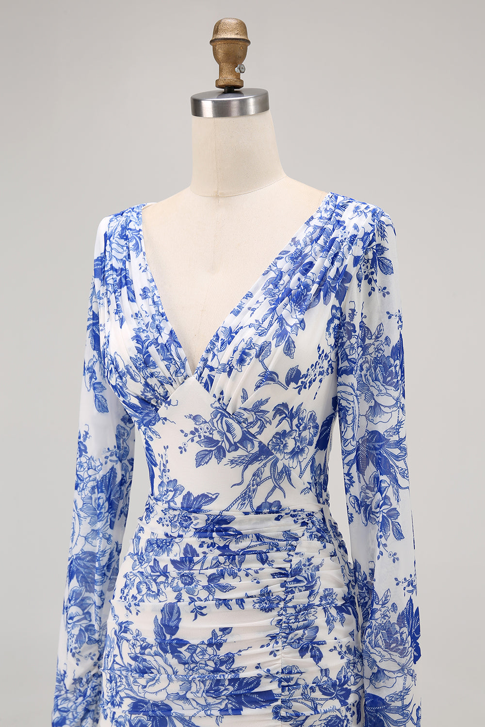 Floral Blue Sheath V-Neck Long Sleeves Wedding Guest Dress