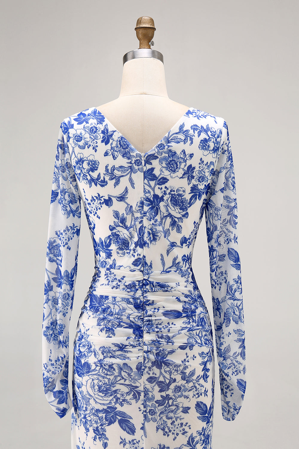 Floral Blue Sheath V-Neck Long Sleeves Wedding Guest Dress