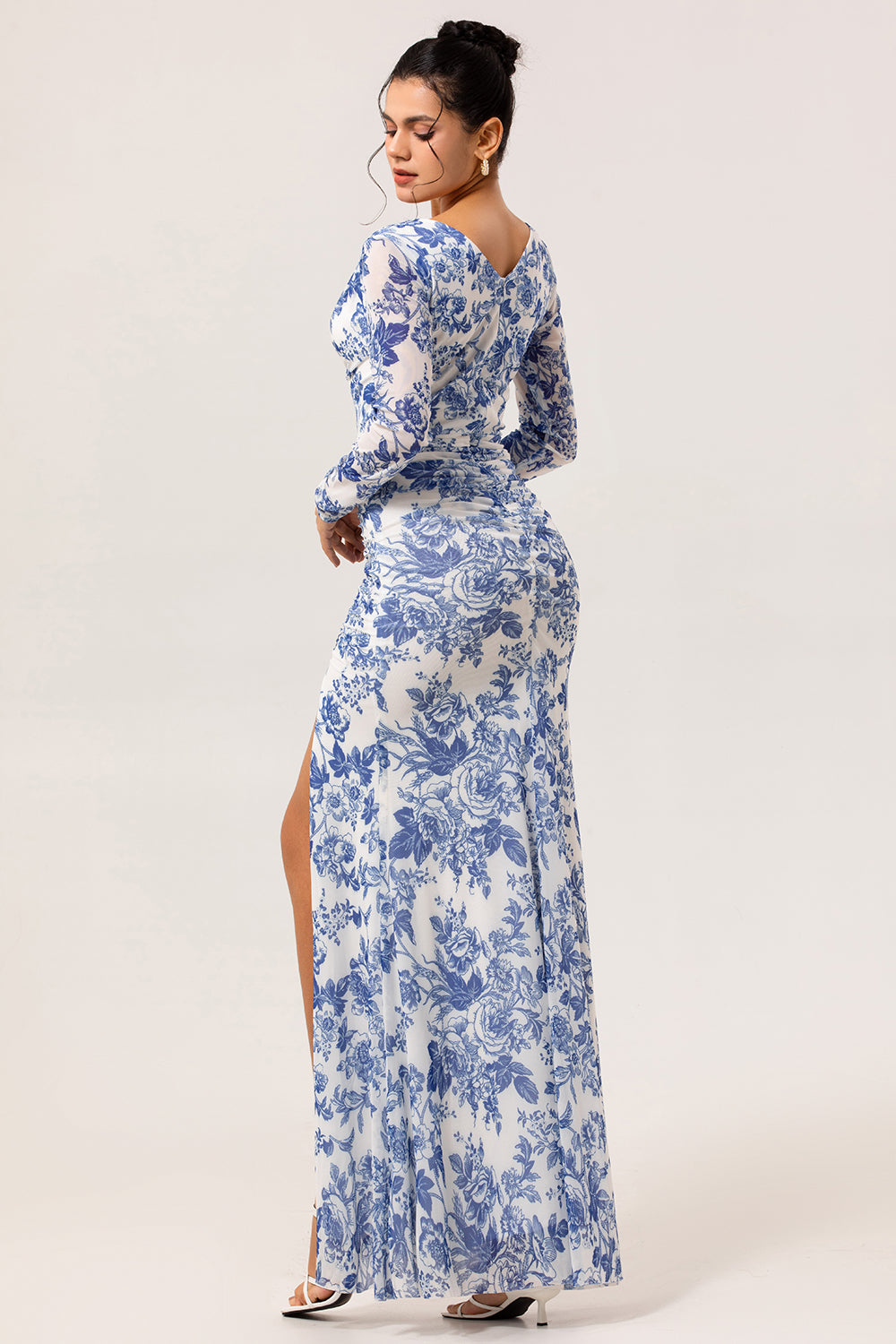 Floral Blue V-Neck Long Wedding Guest Dress with Sleeves