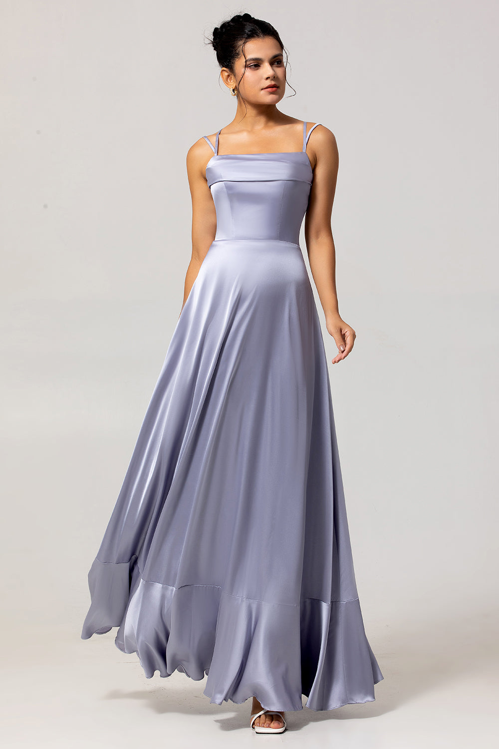 Dusty Blue Spaghetti Straps Long A Line Wedding Guest Dress