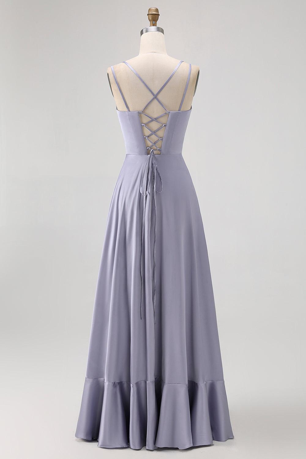 Dusty Blue A Line Satin Spaghetti Straps Long Wedding Guest Dress