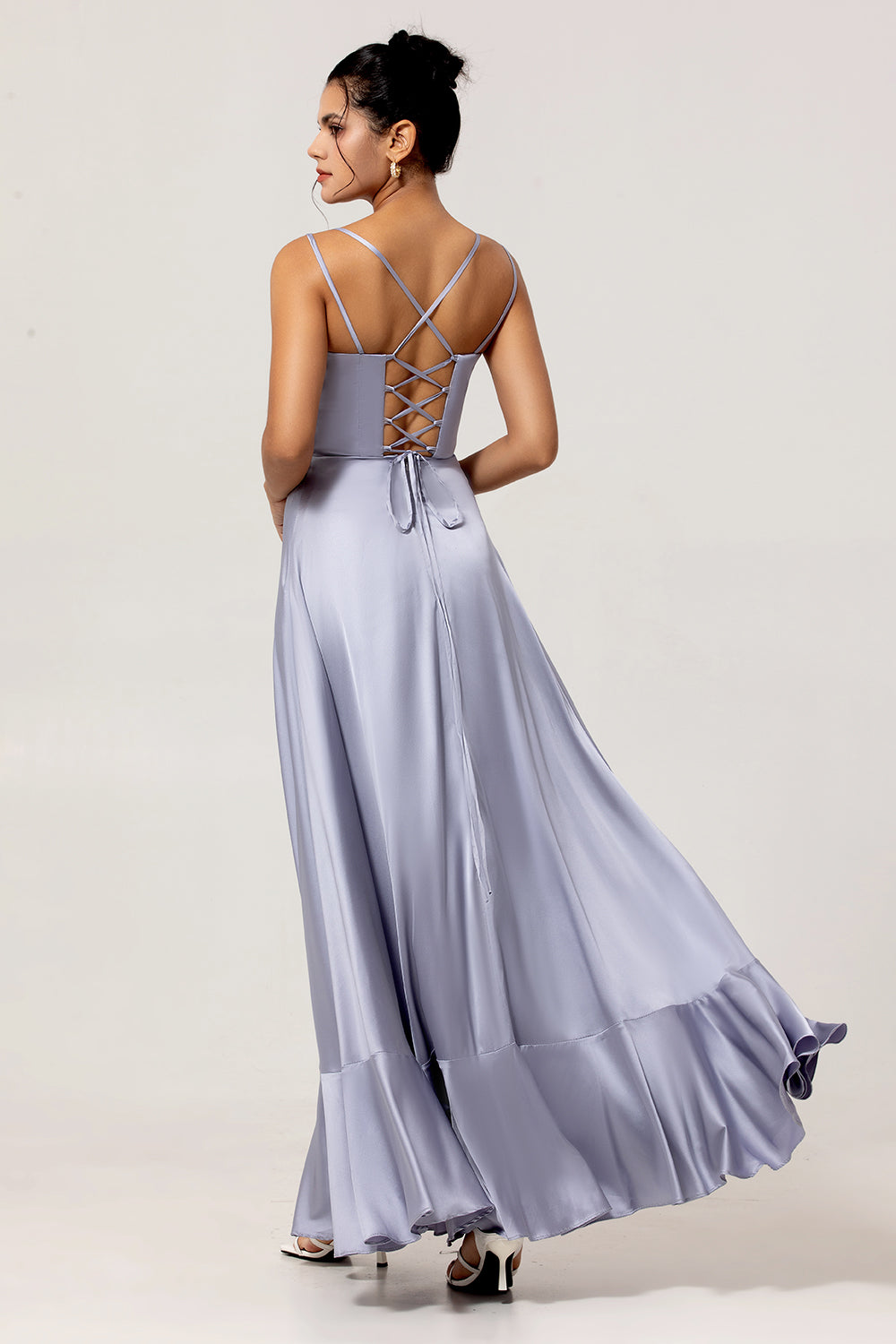 Dusty Blue Spaghetti Straps Long A Line Wedding Guest Dress