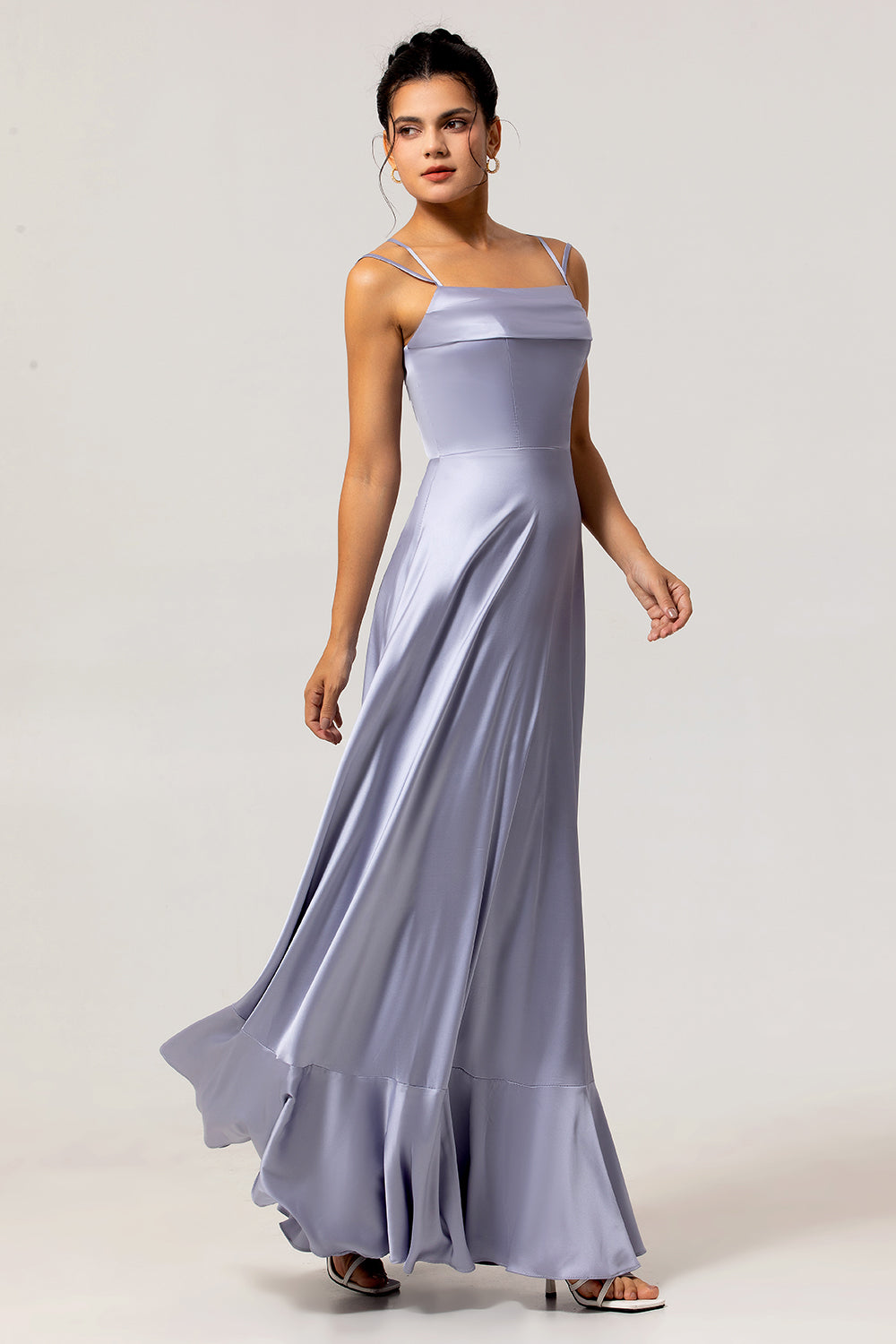 Dusty Blue Spaghetti Straps Long A Line Wedding Guest Dress