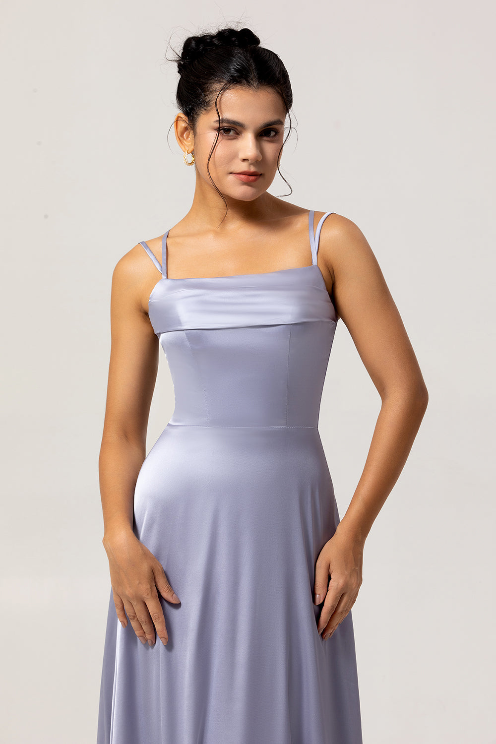 Dusty Blue Spaghetti Straps Long A Line Wedding Guest Dress