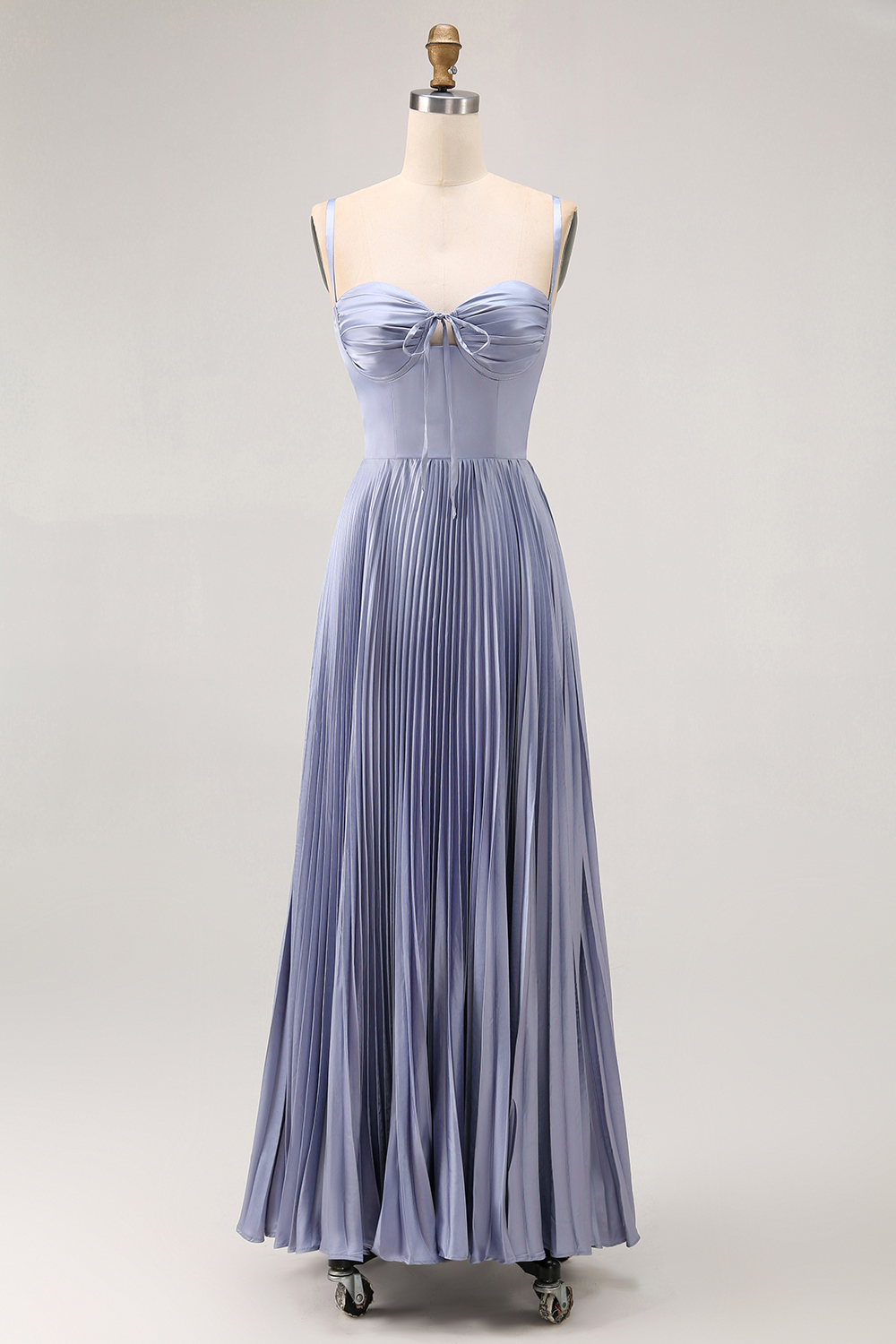 Dusty Blue A Line Pleated Long Satin Wedding Guest Dress with Bow