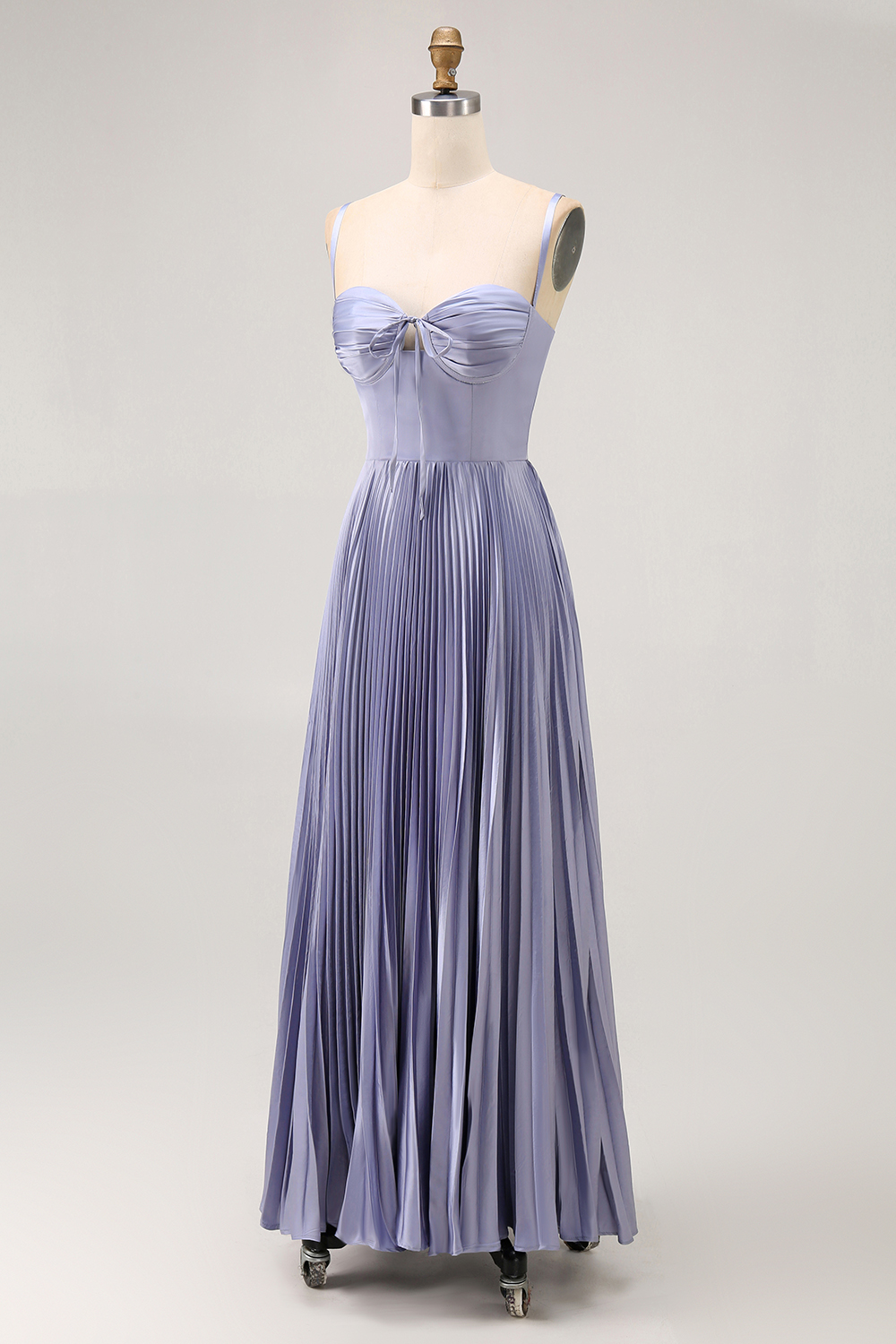 Dusty Blue A Line Pleated Long Satin Wedding Guest Dress with Bow