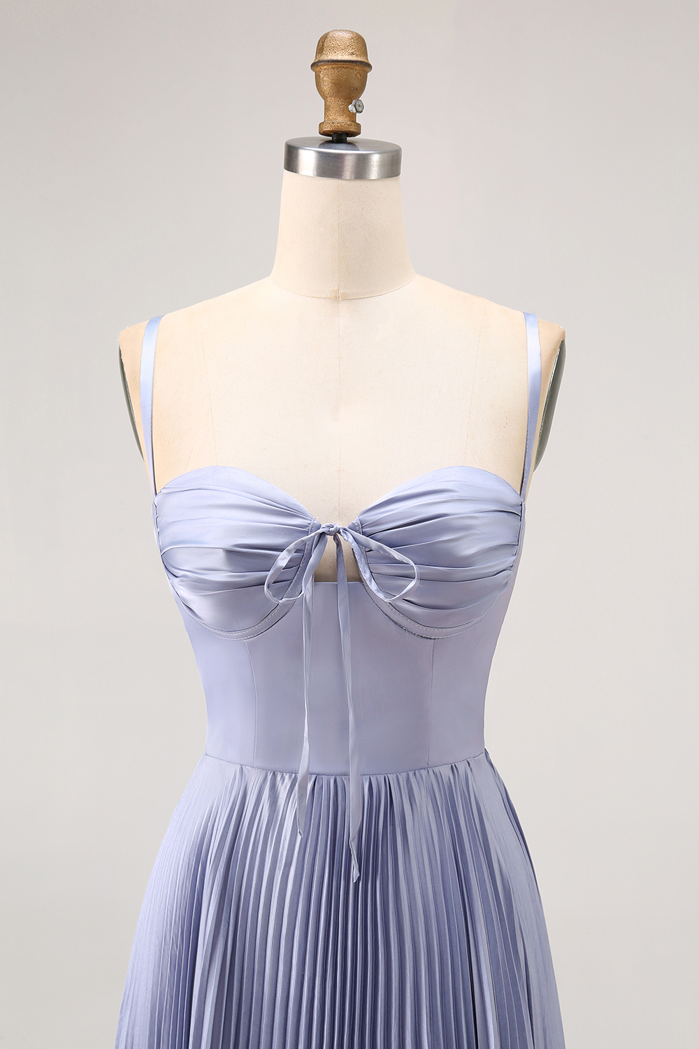 Dusty Blue A Line Pleated Long Satin Wedding Guest Dress with Bow