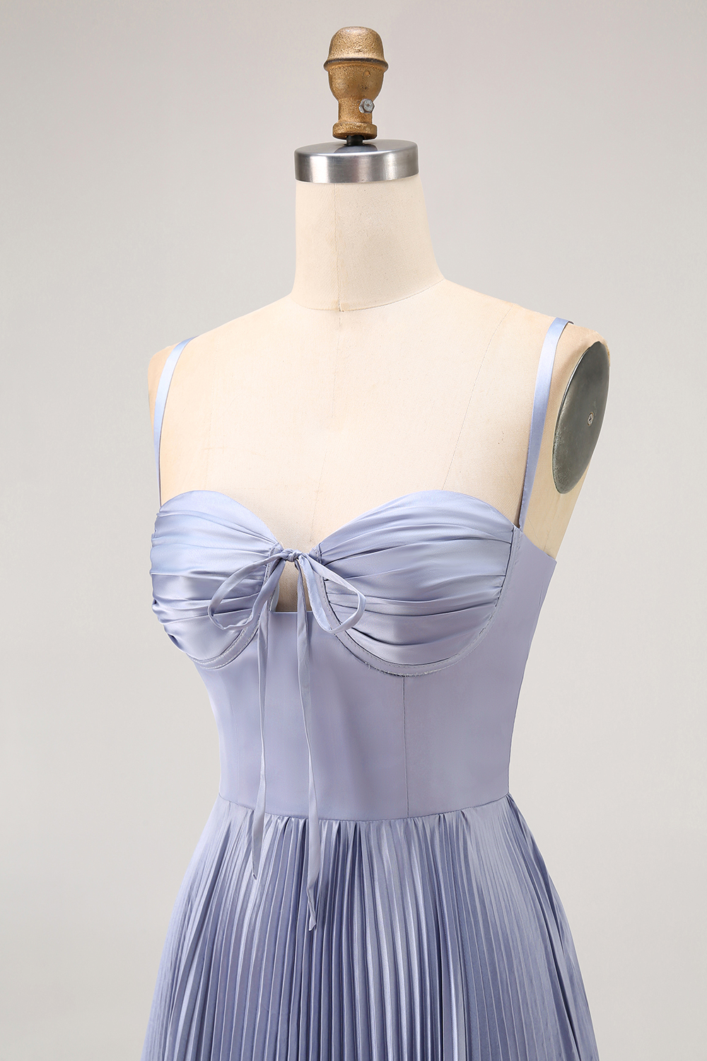 Dusty Blue A Line Pleated Long Satin Wedding Guest Dress with Bow
