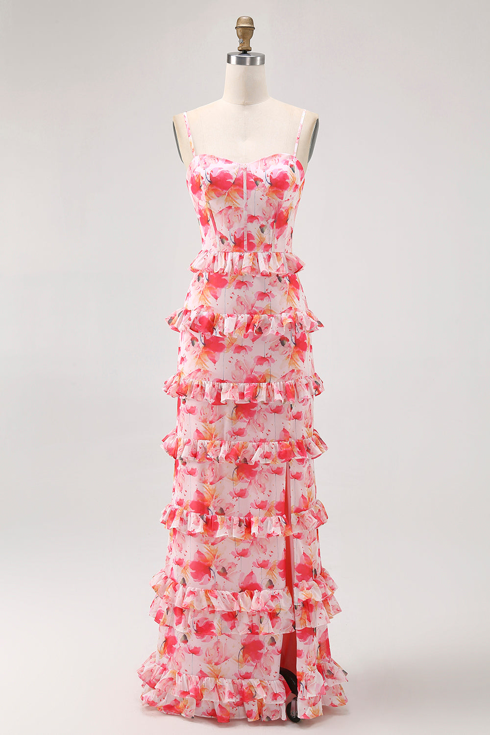 Floral Pink Sheath Tiered Ruffled Long Corset Wedding Guest Dress with Slit