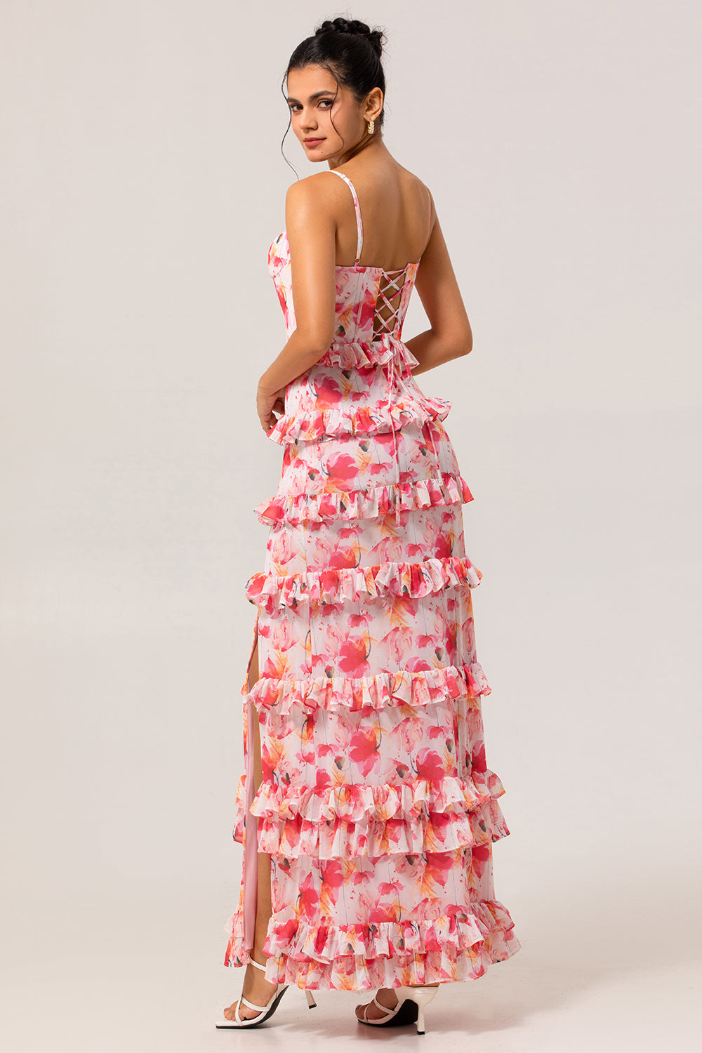 Floral Pink Ruffled Long Sheath Wedding Guest Dress with Slit