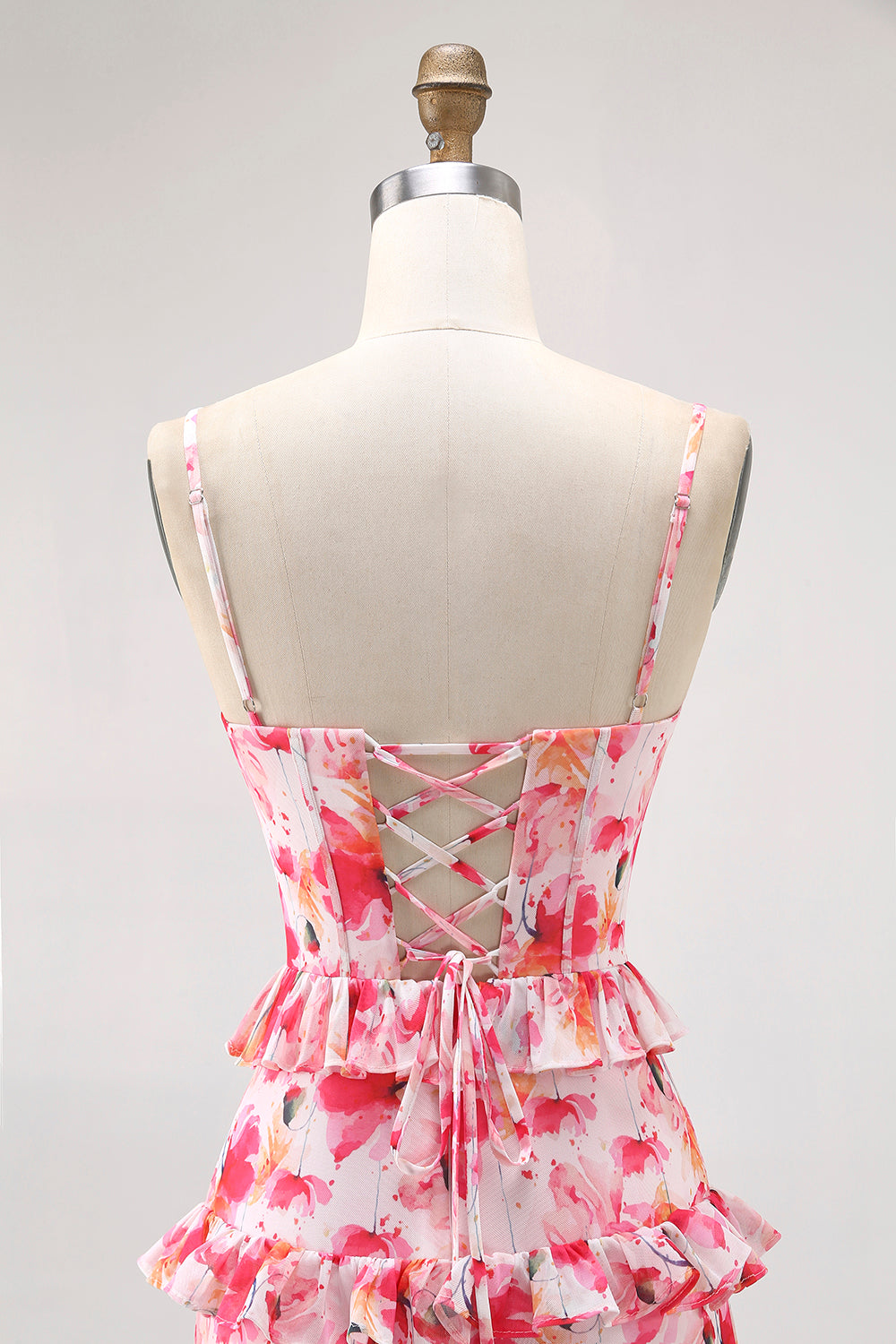 Floral Pink Sheath Tiered Ruffled Long Corset Wedding Guest Dress with Slit