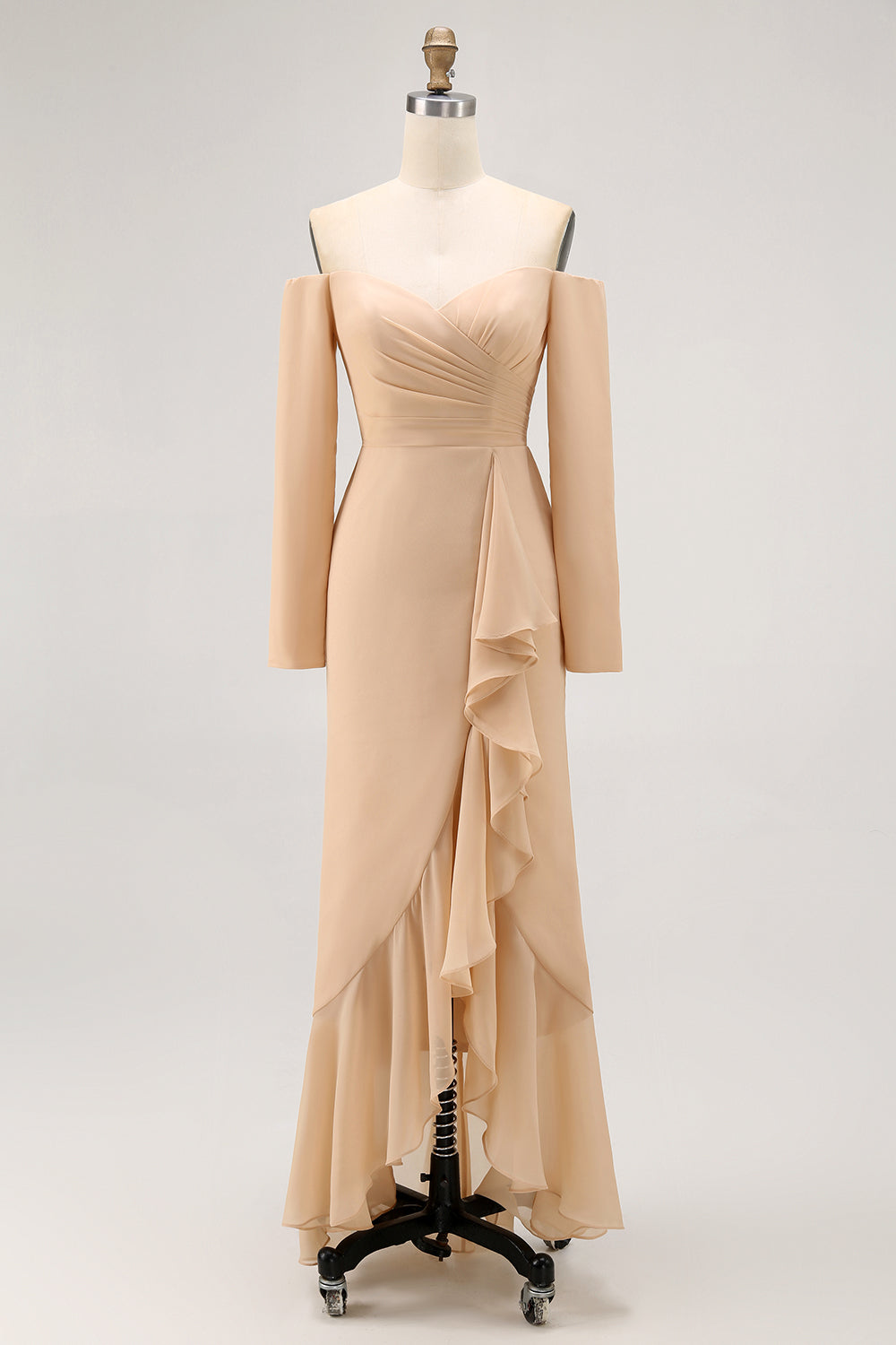 Champagne Off the Shoulder Long Sheath Wedding Guest Dress with Ruffles