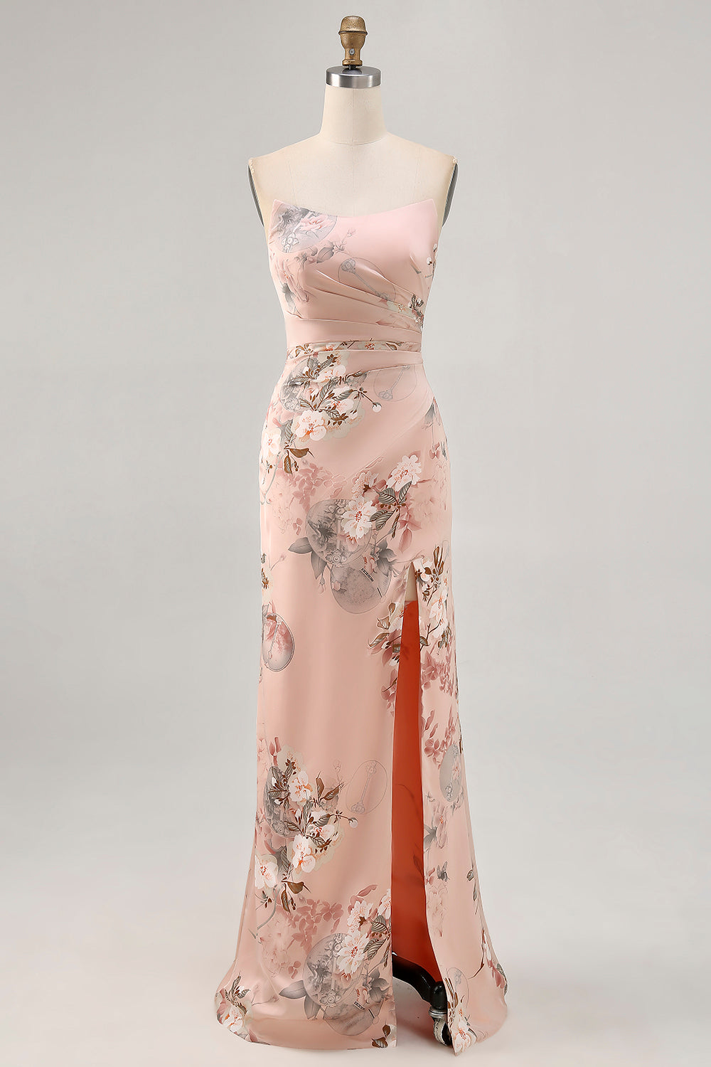Floral Blush Strapless Long Satin Wedding Guest Dress with Slit