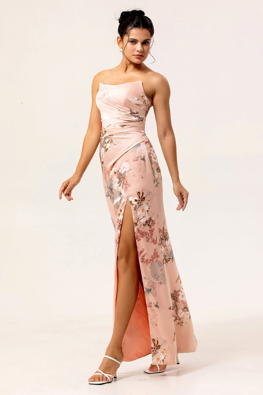 Elegant Blush Strapless Satin Long Floral Wedding Guest Dress with Slit