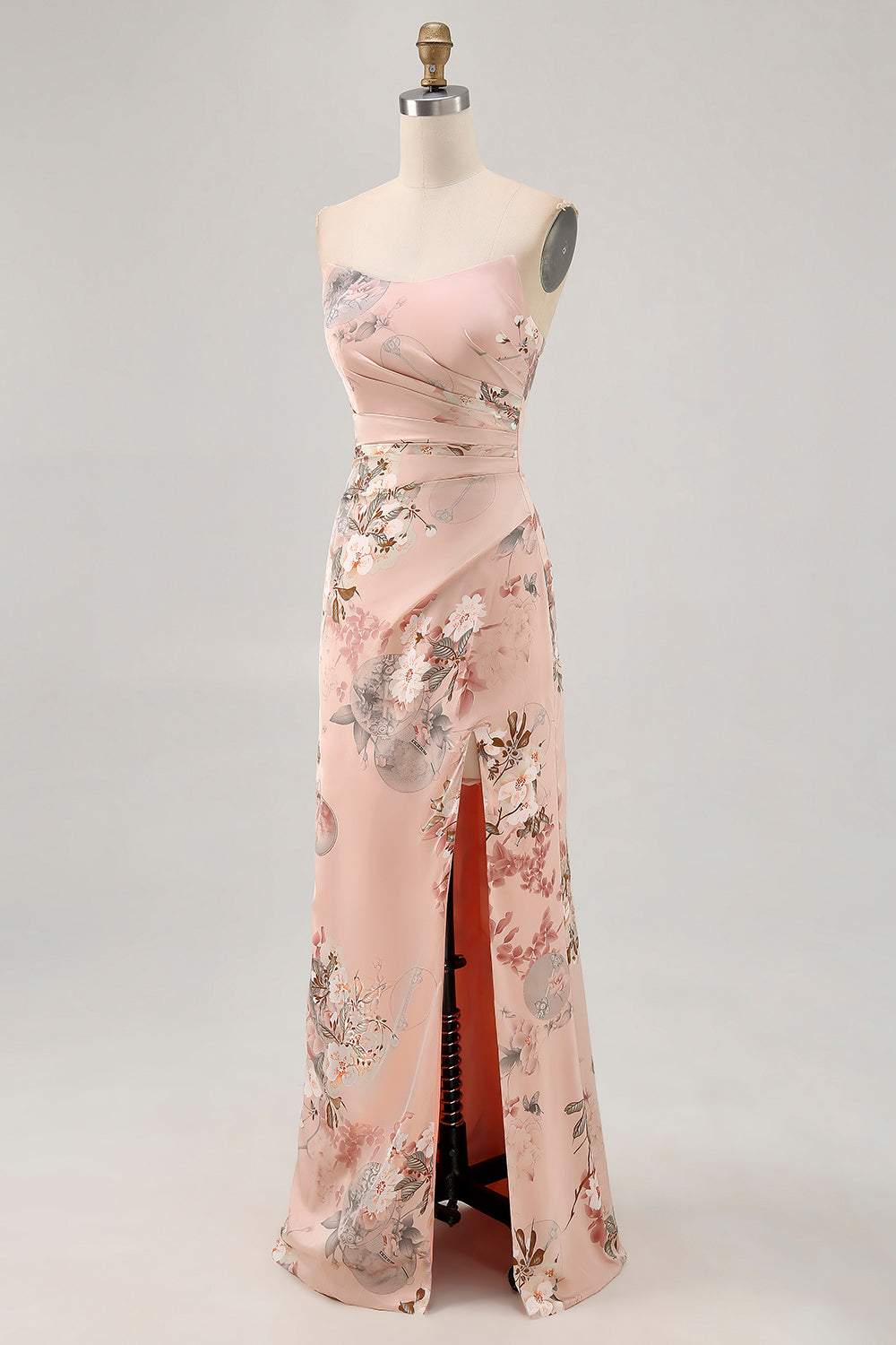 Floral Blush Strapless Long Satin Wedding Guest Dress with Slit