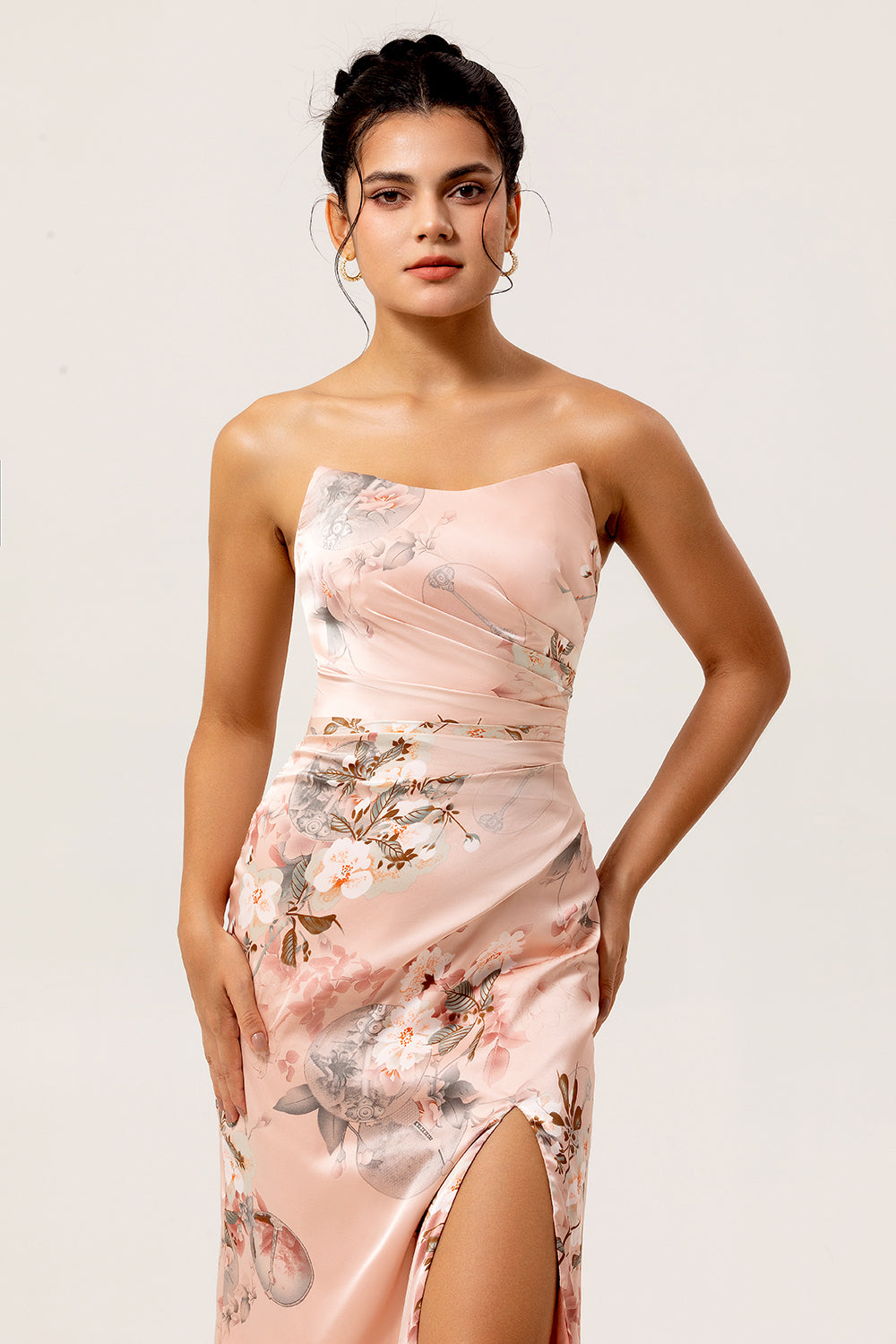 Elegant Blush Strapless Satin Long Floral Wedding Guest Dress with Slit