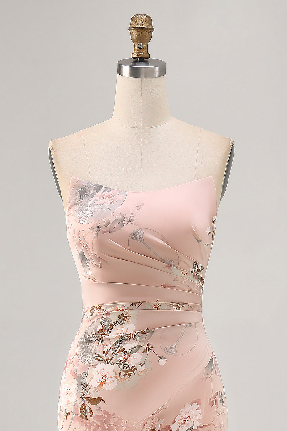 Floral Blush Strapless Long Satin Wedding Guest Dress with Slit