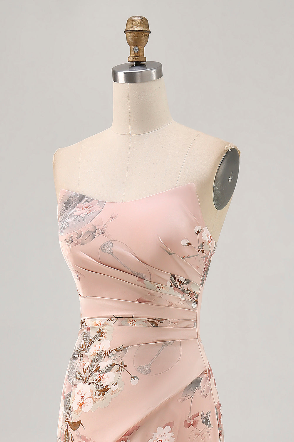 Floral Blush Strapless Long Satin Wedding Guest Dress with Slit