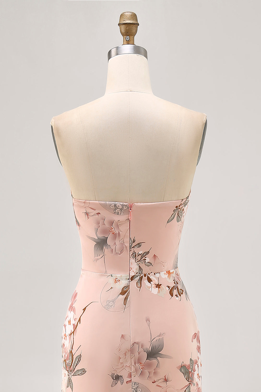 Floral Blush Strapless Long Satin Wedding Guest Dress with Slit