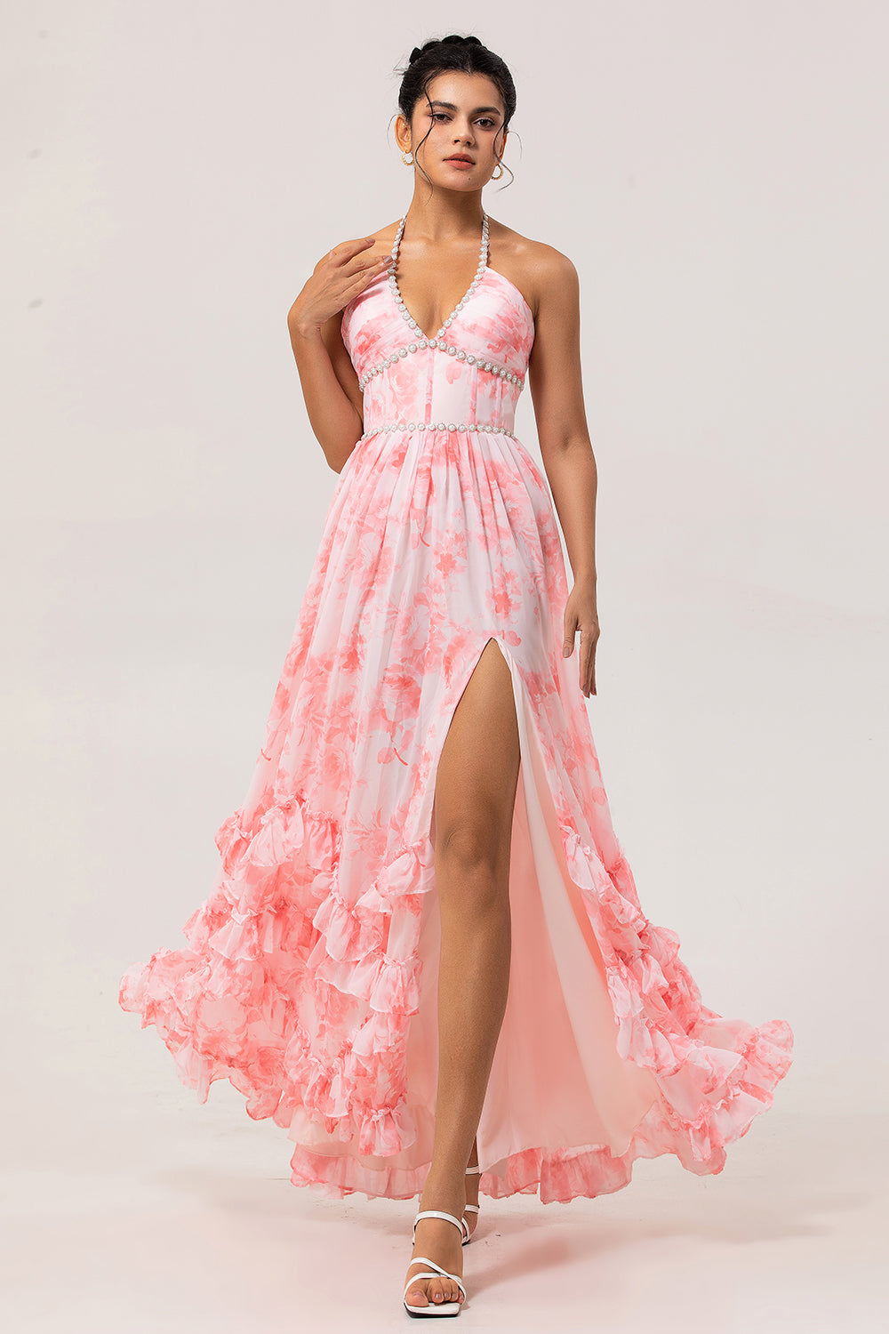 Sparkly Blush Floral Ruffled Pearls Long Corset Wedding Guest Dress with Slit