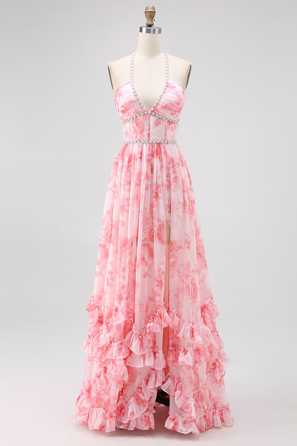 Sparkly Blush Flower Corset Ruffled Pearls Long Wedding Guest Dress with Slit