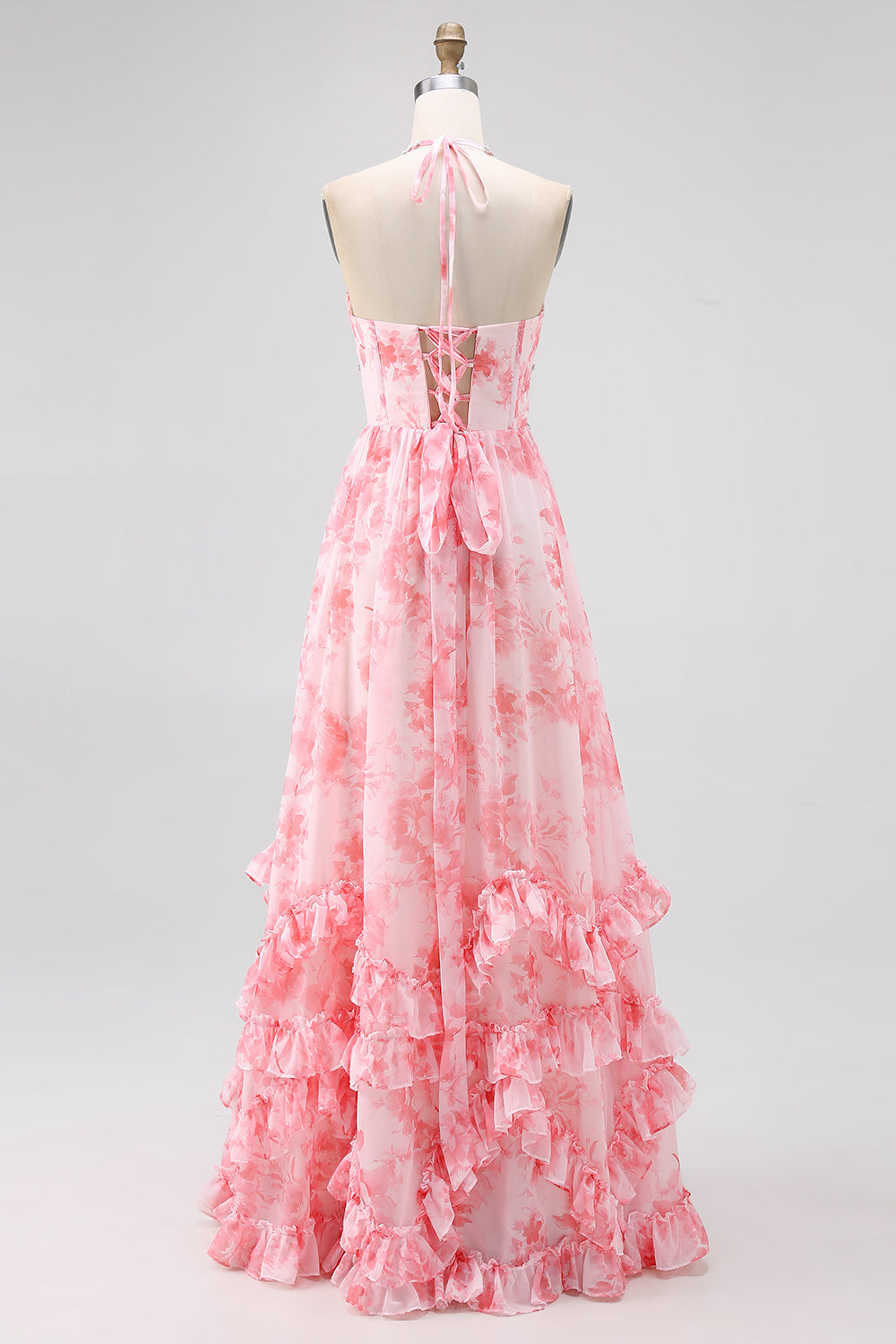 Sparkly Blush Flower Corset Ruffled Pearls Long Wedding Guest Dress with Slit