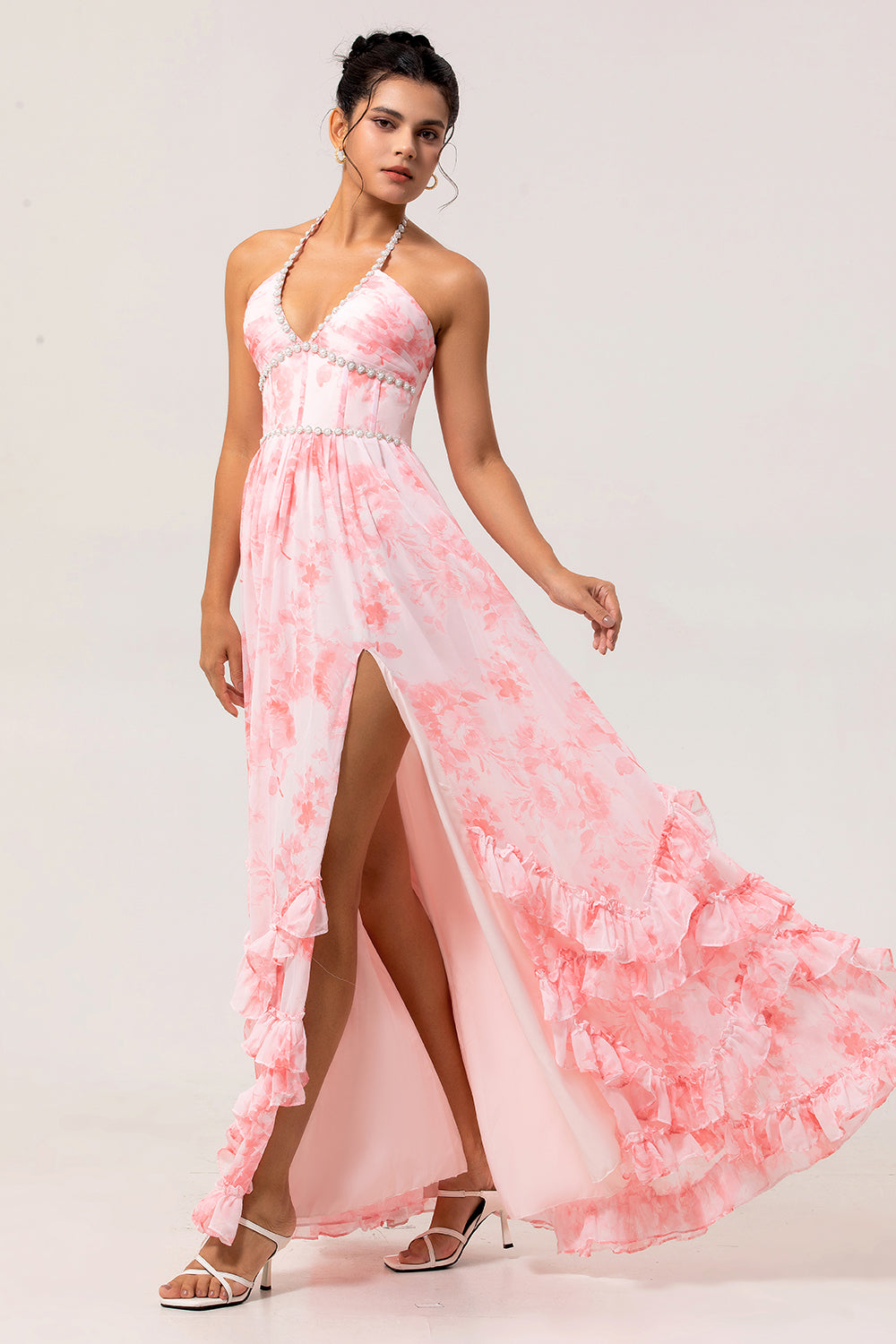 Sparkly Blush Floral Ruffled Pearls Long Corset Wedding Guest Dress with Slit