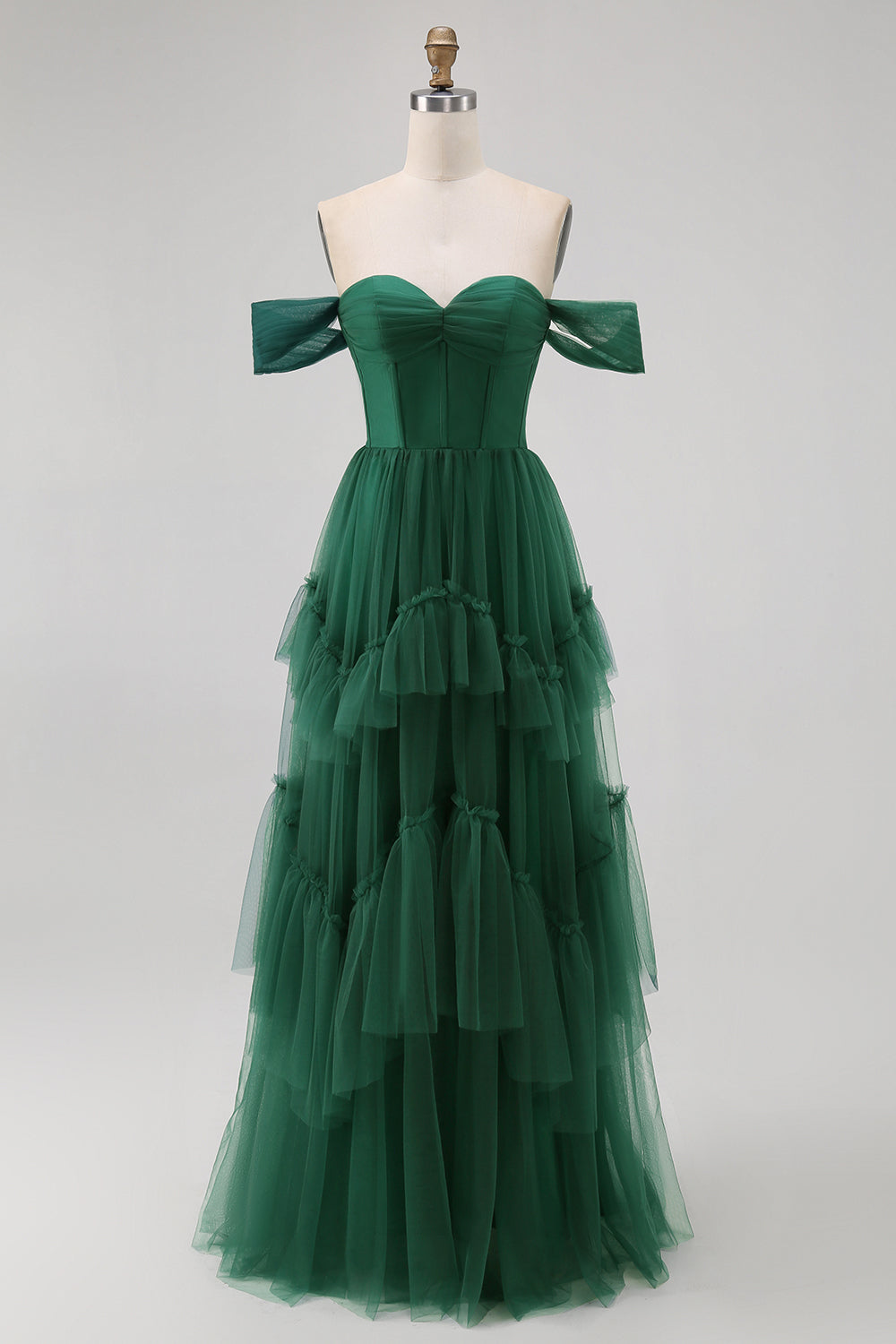 Dark Green Tulle A-Line Off The Shoulder Long Corset Wedding Guest Dress with Ruffles