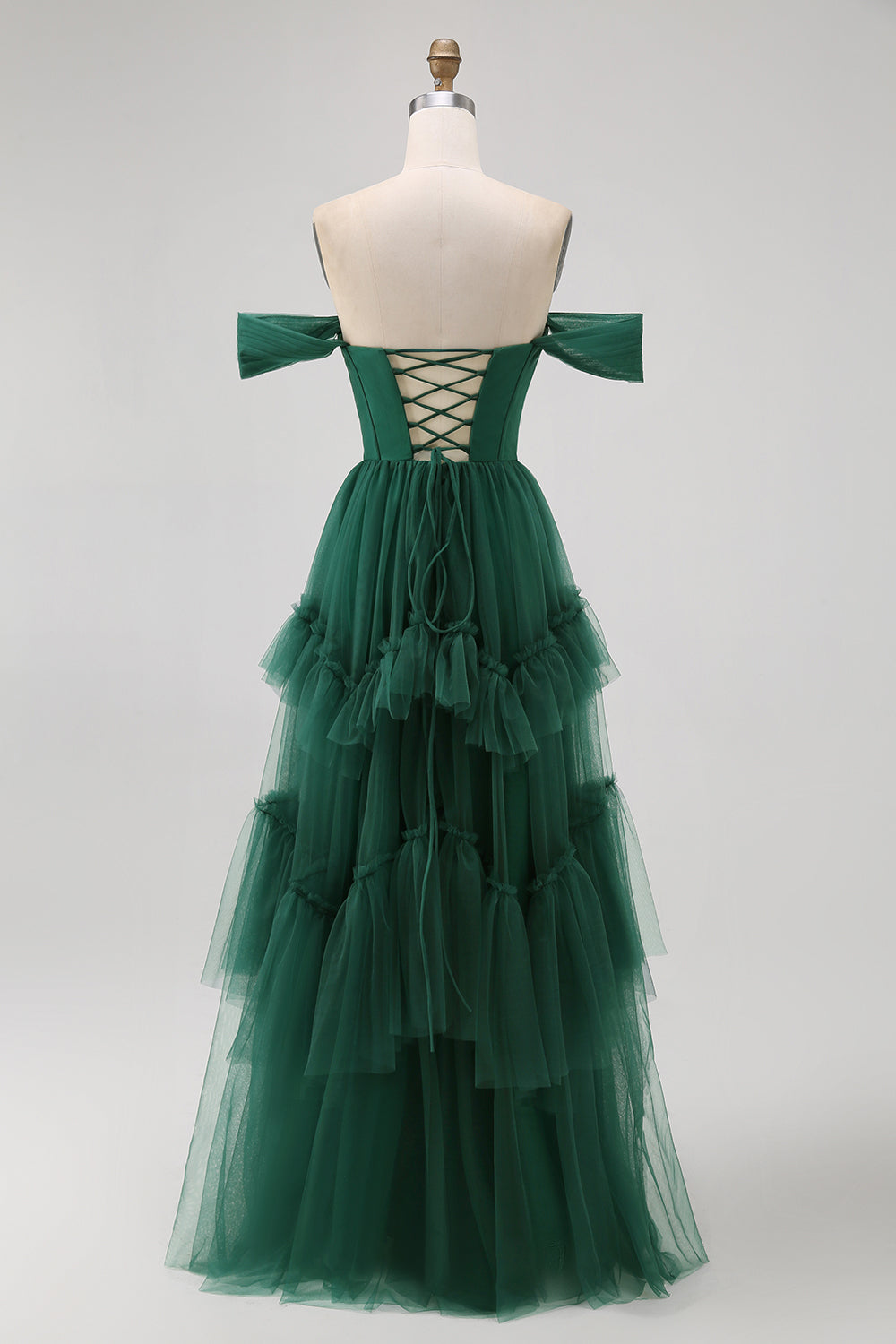 Dark Green Tulle A-Line Off The Shoulder Long Corset Wedding Guest Dress with Ruffles