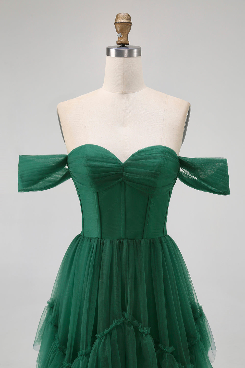 Dark Green Tulle A-Line Off The Shoulder Long Corset Wedding Guest Dress with Ruffles