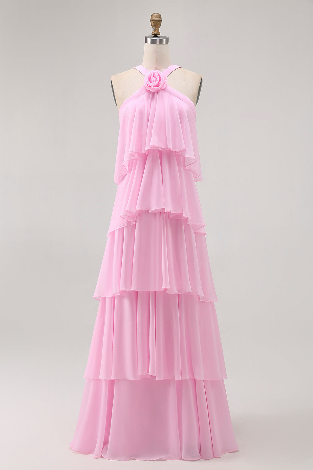 Candy Pink Chiffon A-Line Halter Long Wedding Guest Dress with Ruffles