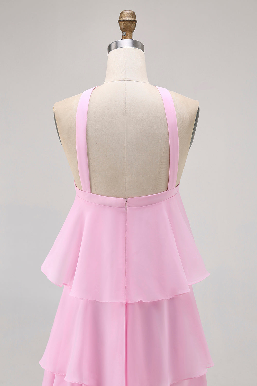 Candy Pink Chiffon A-Line Halter Long Wedding Guest Dress with Ruffles