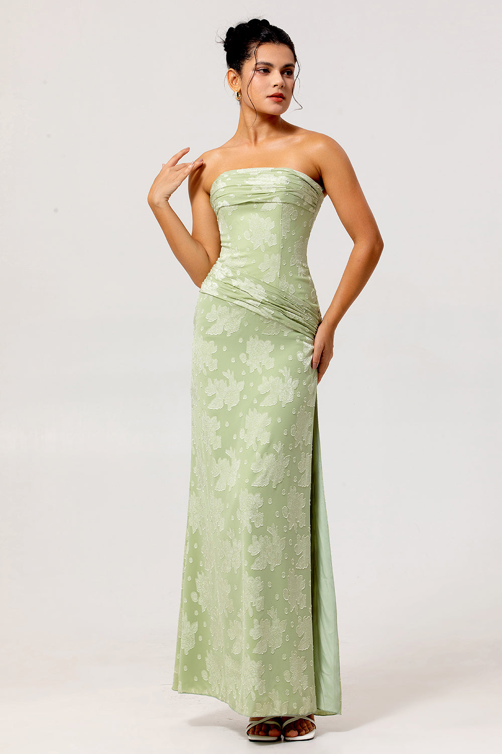 Floral Sage Green Sheath Long Wedding Guest Dress with Slit