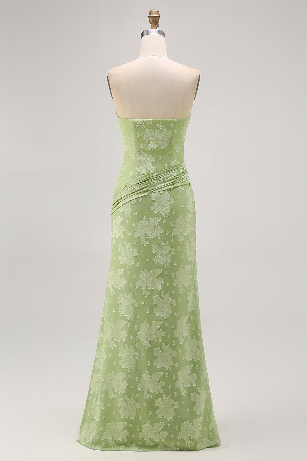 Floral Sage Green Sheath Ruched Strapless Long Wedding Guest Dress